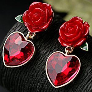 Big LOVELY Red Rose VALENTINES Day HEART Earrings